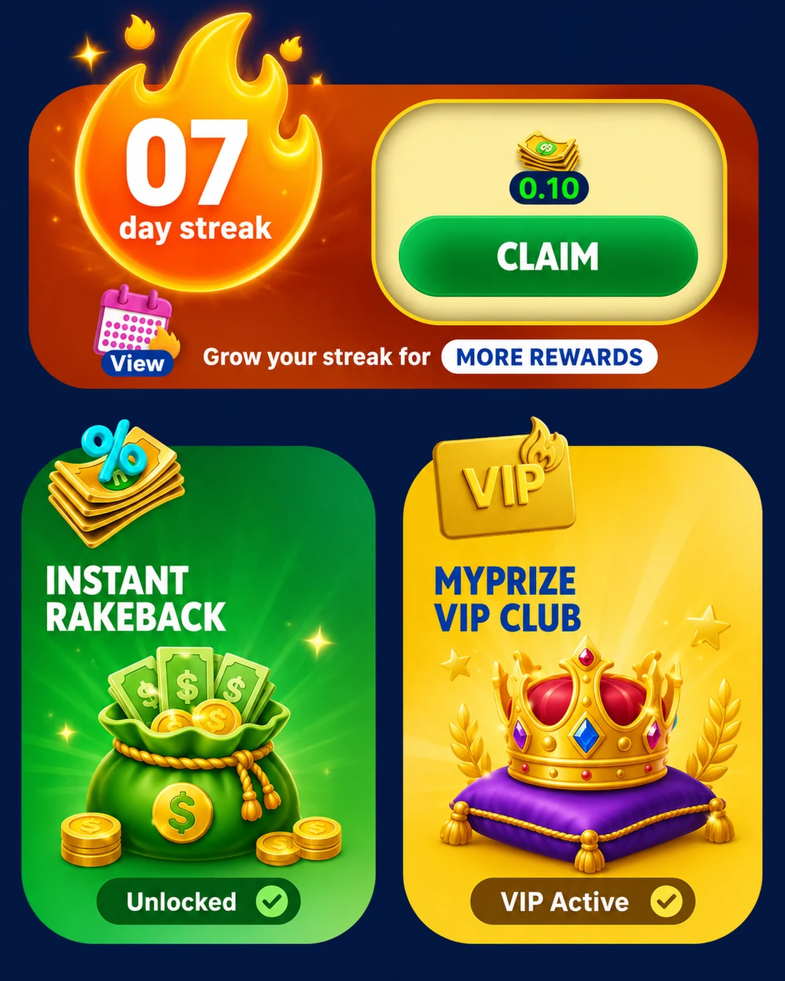 An illustration of the MyPrize US rewards tab, showing a login streak to claim, an Instant Rakeback card and the MyPrize VIP Club card