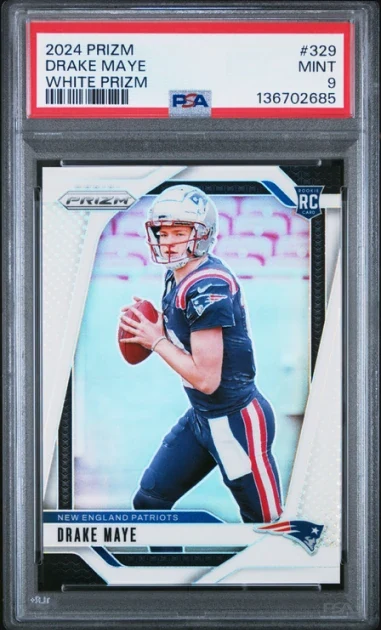 A PSA 9 graded 2024 Prizm Drake Maye White Prizm card