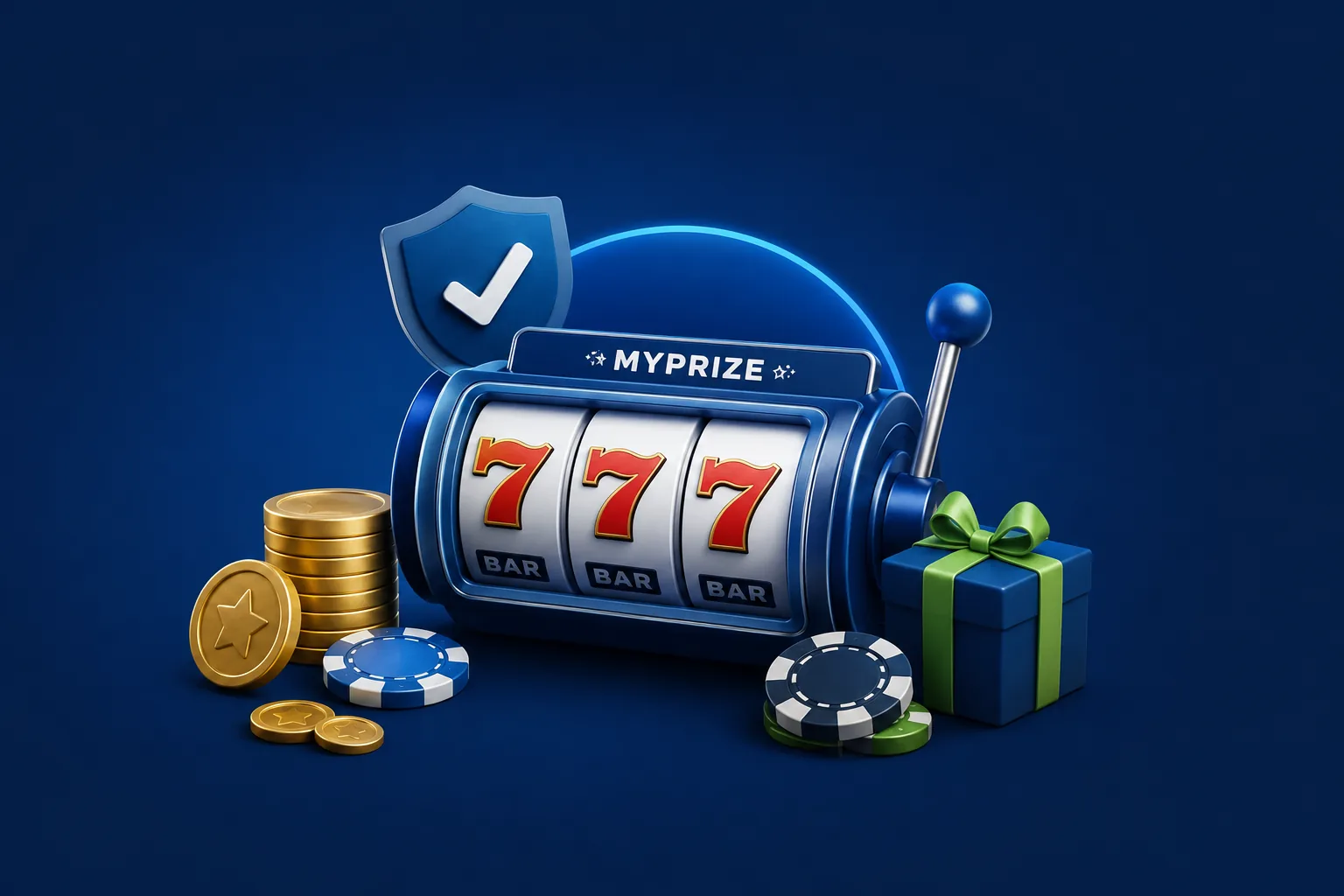 An illustration of a MyPrize slot machine showing three sevens, beside a shield with a check mark, stacks of gold coins, casino chips and a wrapped gift