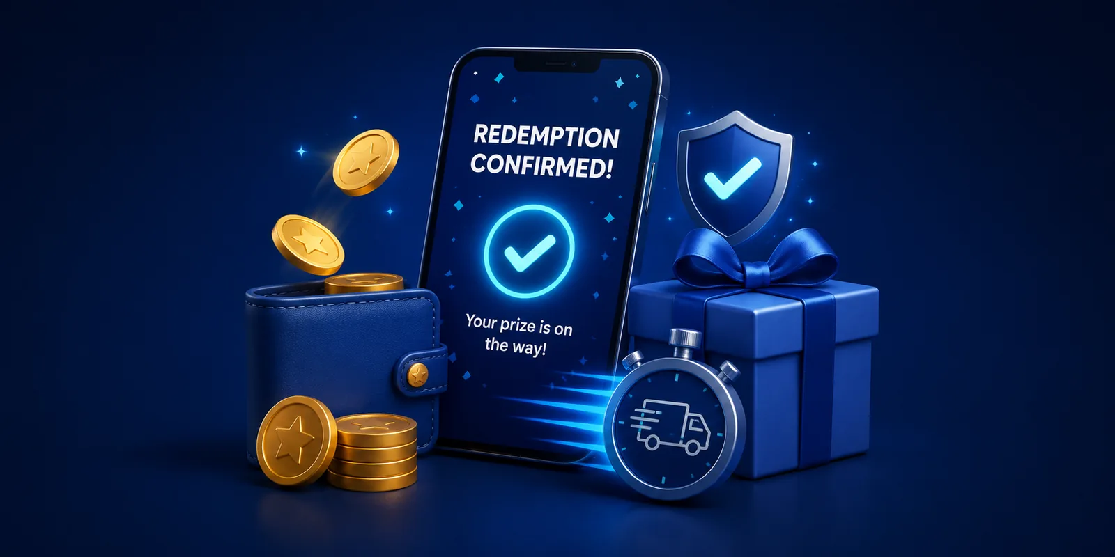 An illustration of a phone reading "Redemption confirmed, your prize is on the way", beside a wallet, gold coins, a shield with a check mark and a stopwatch