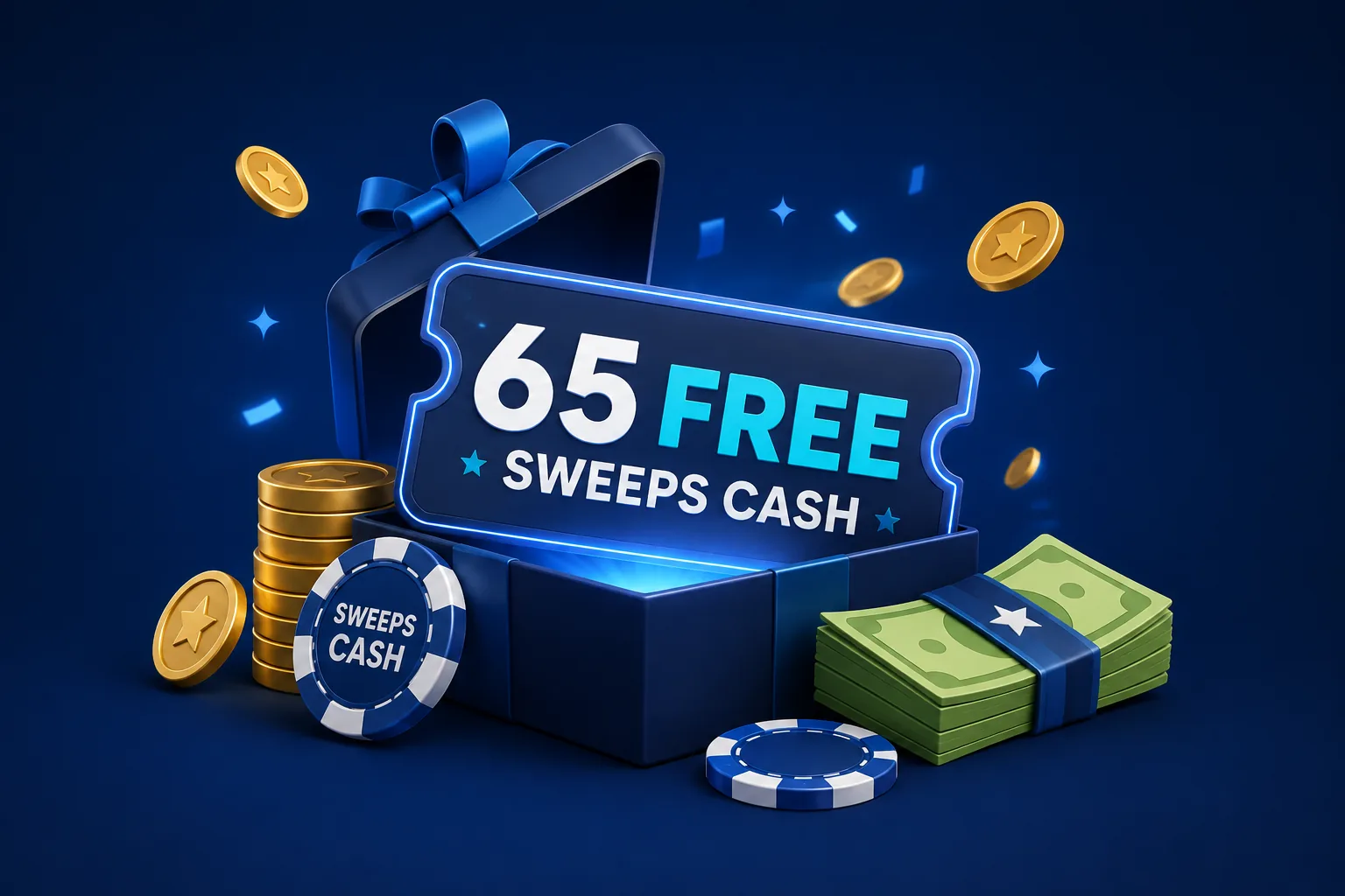 An illustration of an open gift box holding a glowing "65 free Sweeps Cash" badge, with gold coins, a Sweeps Cash chip and a bundle of banknotes