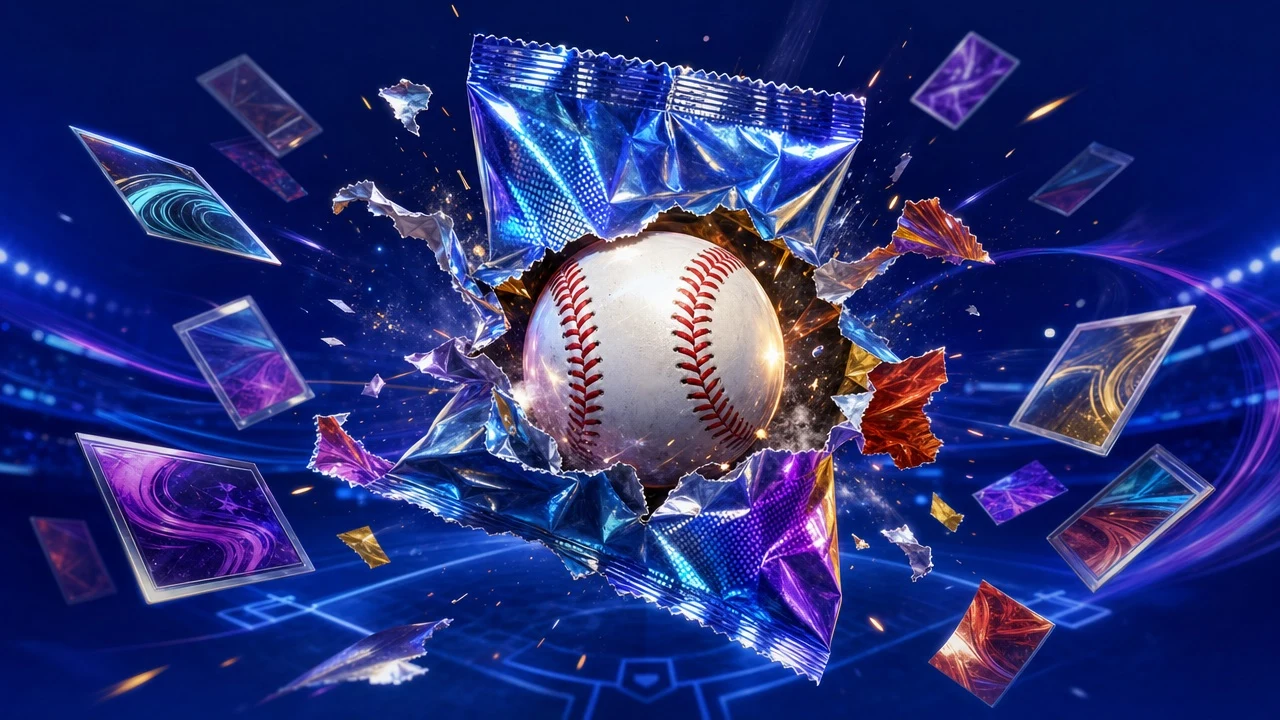 A baseball smashing through a torn foil card pack with cards scattering