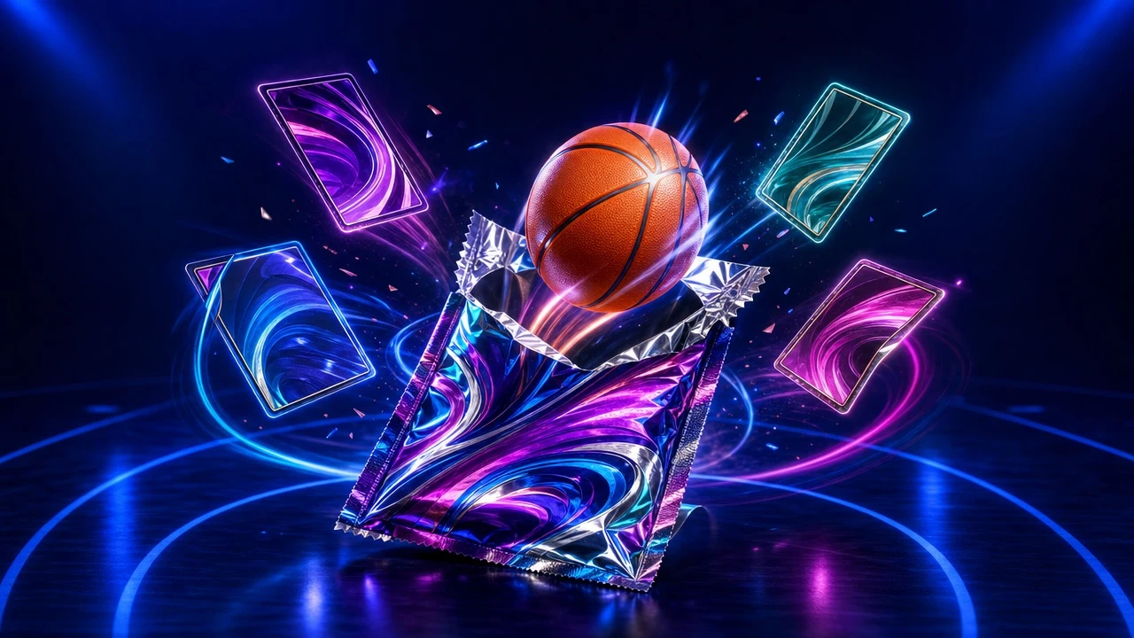 A basketball bouncing off a torn foil card pack with cards flying