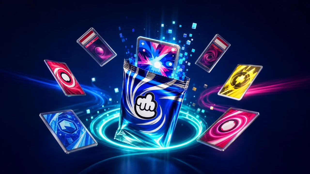 A foil card pack emerging from a glowing portal ring