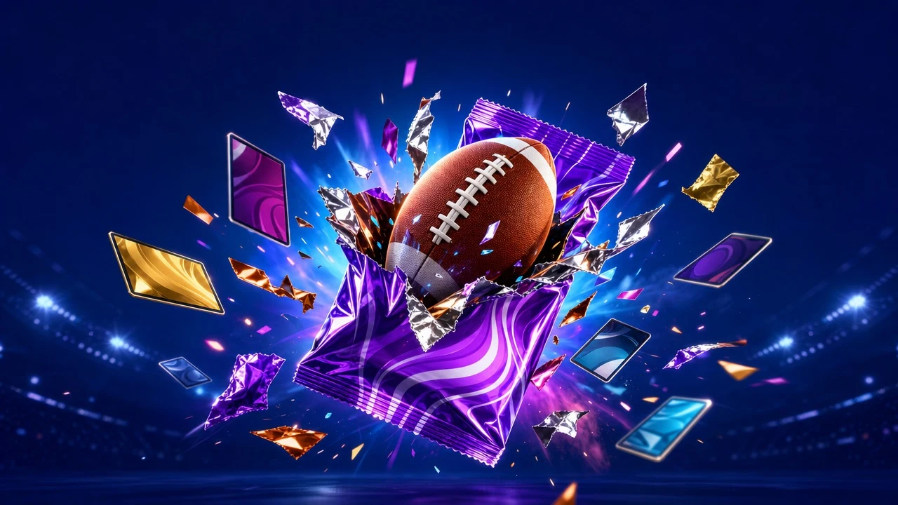 A football bursting through a torn foil card pack with cards scattering