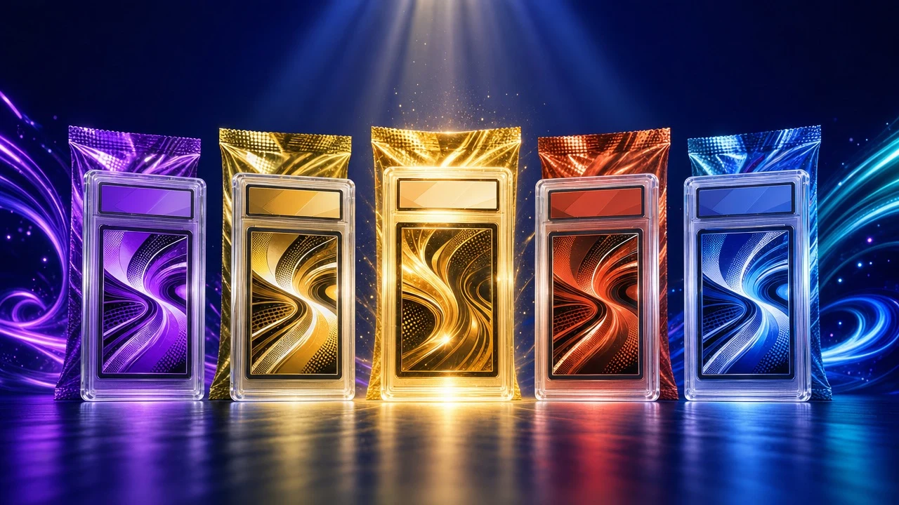 Five graded card slabs in clear cases lined up under a spotlight