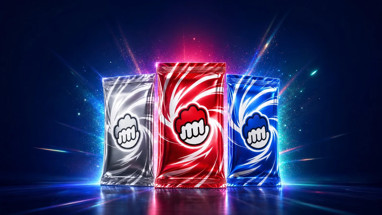 Three foil MyPrize card packs standing in a row, the middle one glowing