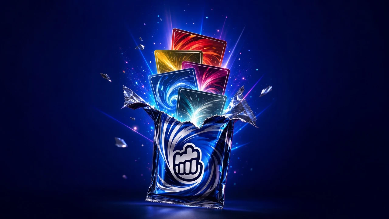 A MyPrize foil card pack torn open with trading cards bursting out