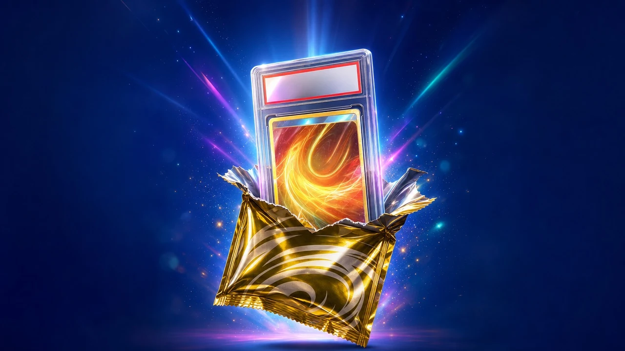 A graded card slab rising out of a torn gold foil pack