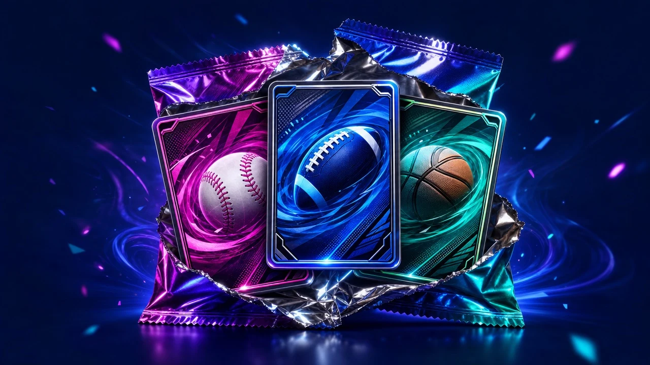 Football, baseball and basketball trading cards fanned in front of a torn foil pack